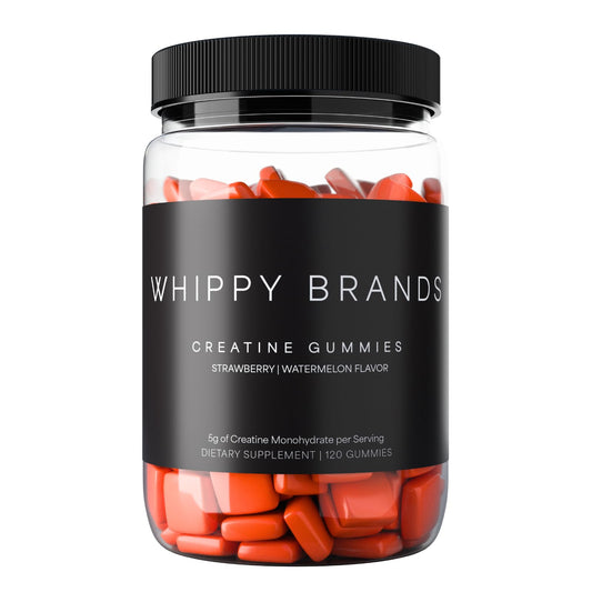 Whippy Brands Creatine Gummies jar front shows convenient daily chewable supplement