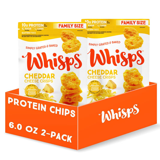 Whisps Cheddar Cheese Crisps package front shows a two-pack snack.