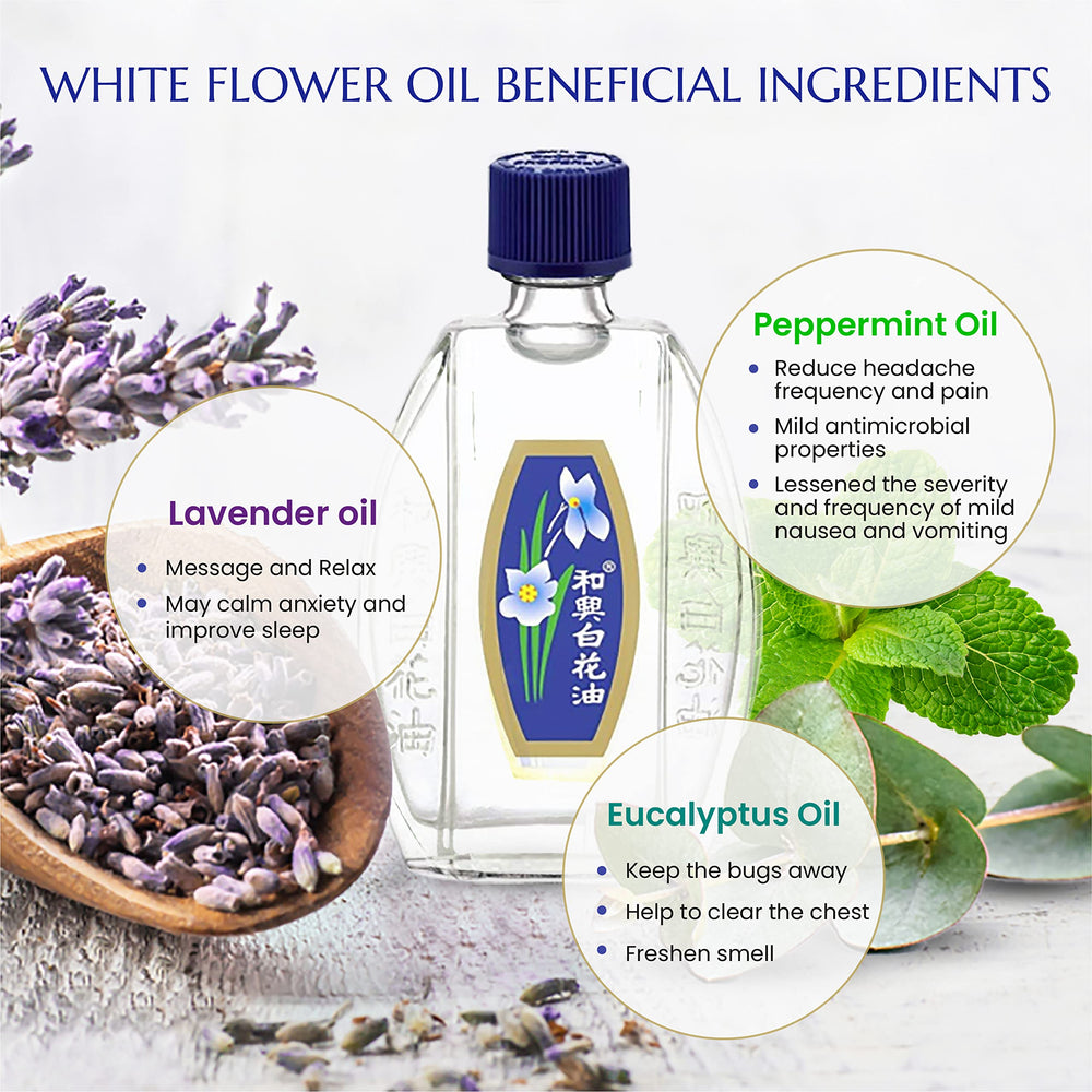 Close-up of White Flower Balm Oil label with travel-friendly 20 ml size.