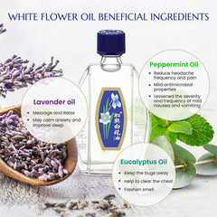 Close-up of White Flower Balm Oil label with travel-friendly 20 ml size.