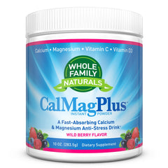 Whole Family Naturals CalMag Plus powder tub supports daily mineral balance in a convenient drink