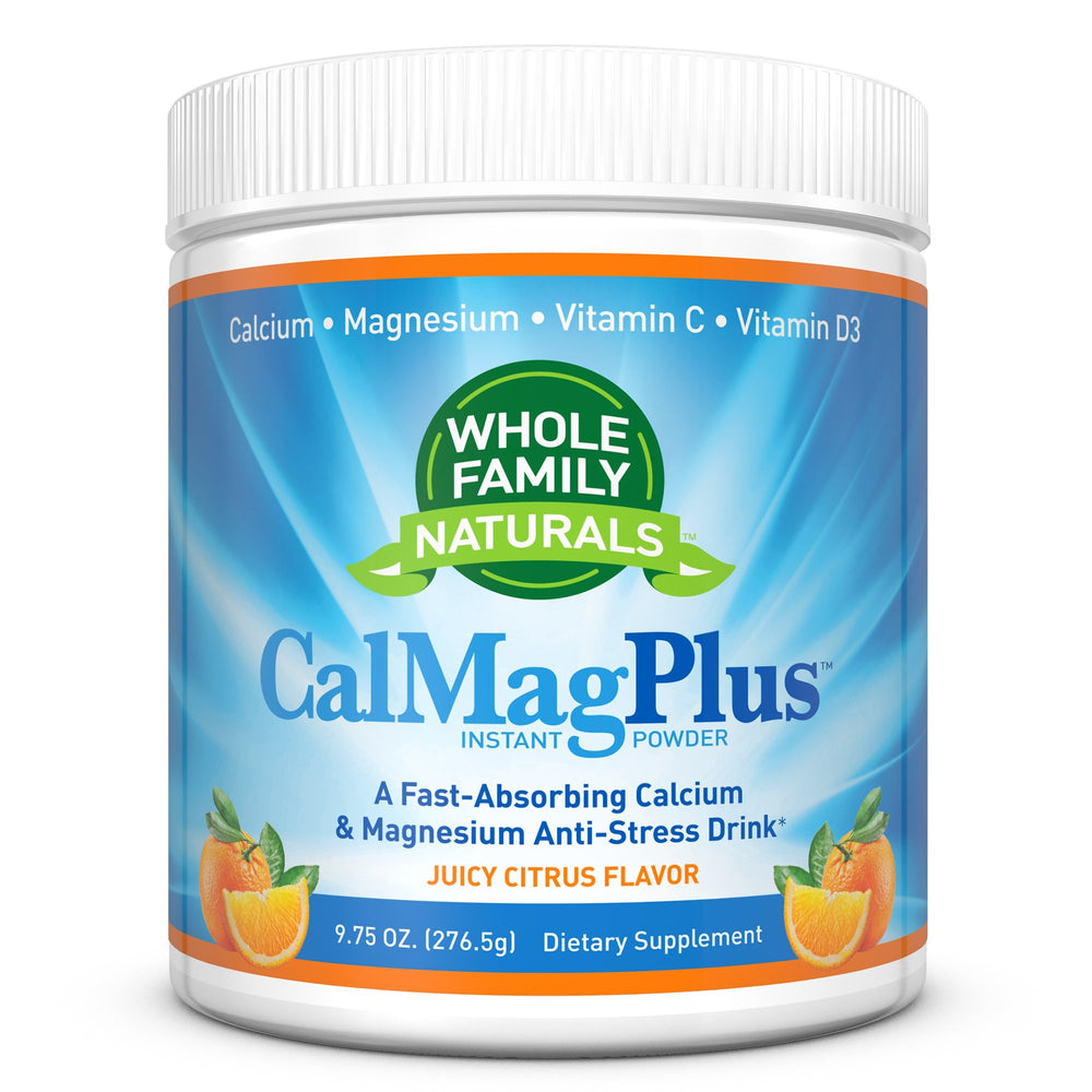 Whole Family Naturals CalMag Plus orange-tangerine powder jar for daily mineral intake