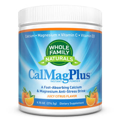 Whole Family Naturals CalMag Plus orange-tangerine powder jar for daily mineral intake