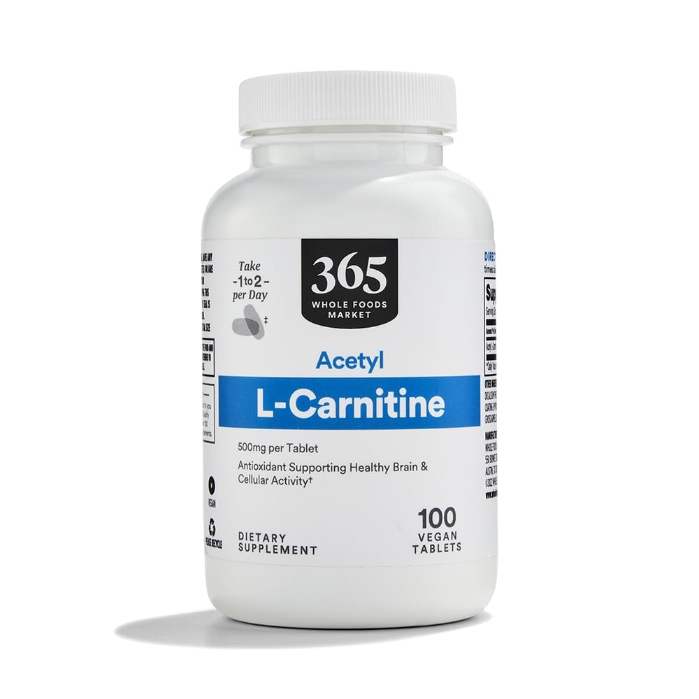 Whole Foods Market Acetyl L-Carnitine 500mg bottle front view for daily routine.
