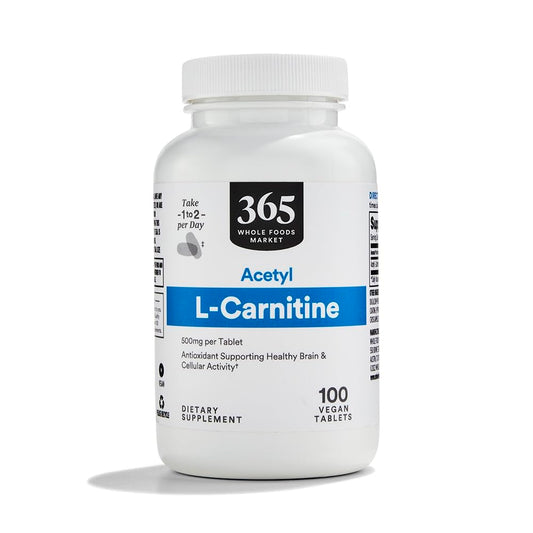 Whole Foods Market Acetyl L-Carnitine 500mg bottle front view for daily routine.