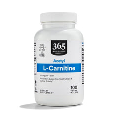 Whole Foods Market Acetyl L-Carnitine 500mg bottle front view for daily routine.