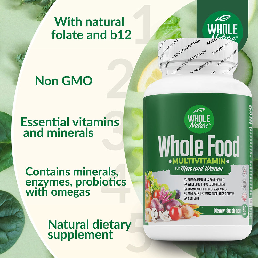 Whole Nature multivitamin tablets close up showing daily dose.