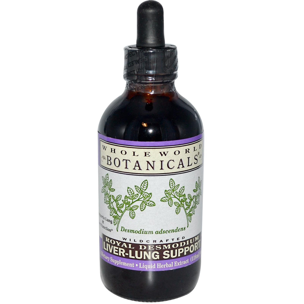 Whole World Botanicals Liver Lung Support Royal Desmodium bottle showing branding, may support liver enzymes and bronchial comfort.