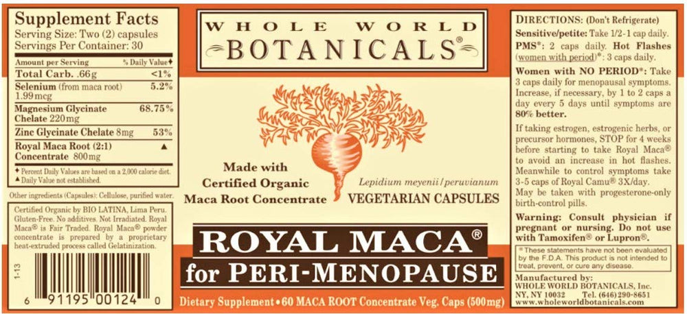 Royal Maca capsules close-up showing supplement form for peri-menopause support