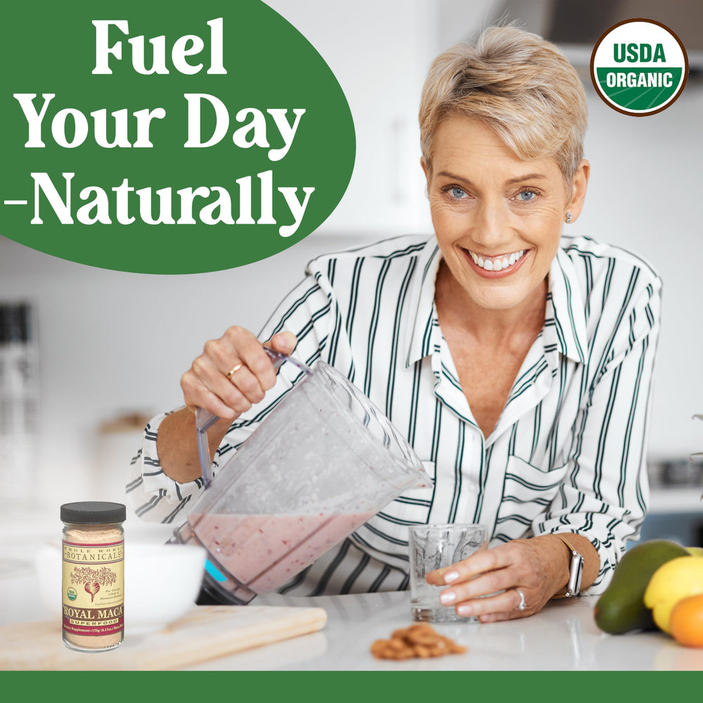 Whole World Botanicals Royal Maca Powder bottle on pantry shelf for easy access.