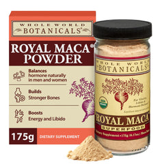 Whole World Botanicals Royal Maca Powder jar front for easy daily supplementation.