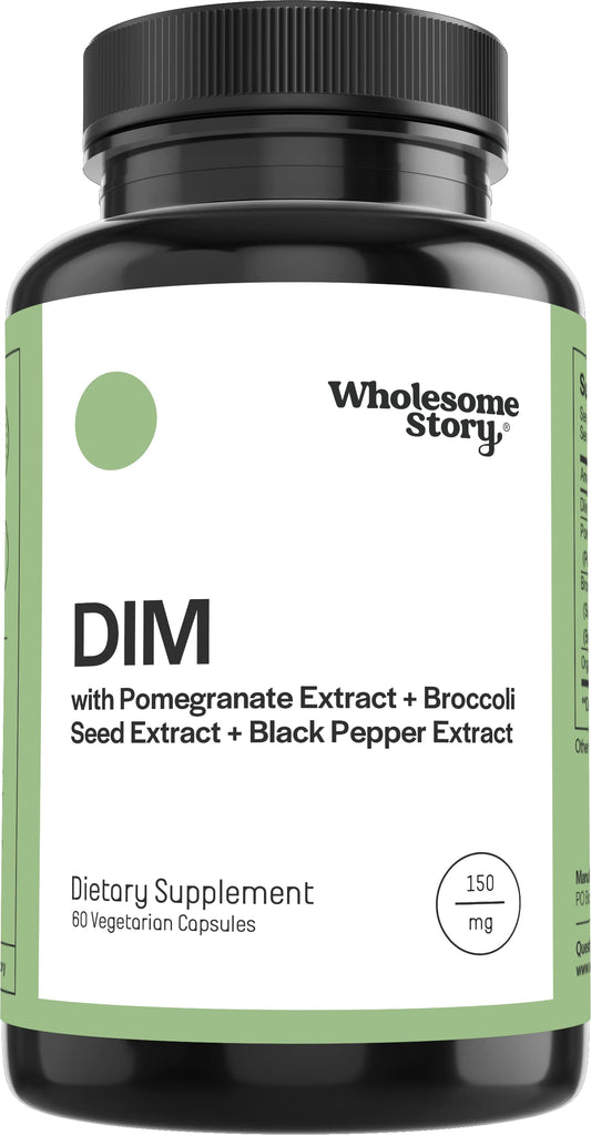 Wholesome Story DIM SGS bottle label highlights a holistic health blend for daily wellness.