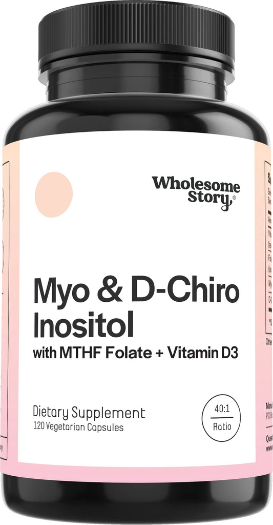 Wholesome Story capsule bottle showing vegan Myo-Inositol and D-Chiro Inositol for hormonal support