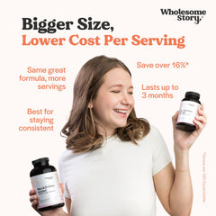 Wholesome Story capsules layout showcasing vegan, non-GMO daily supplement.