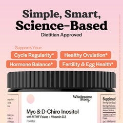 Wholesome Story Myo-Inositol & D-Chiro-Inositol duo in a measuring scoop.
