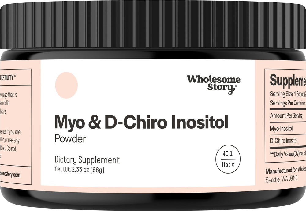 Wholesome Story inositol powder bottle for simple daily mixing in beverages.