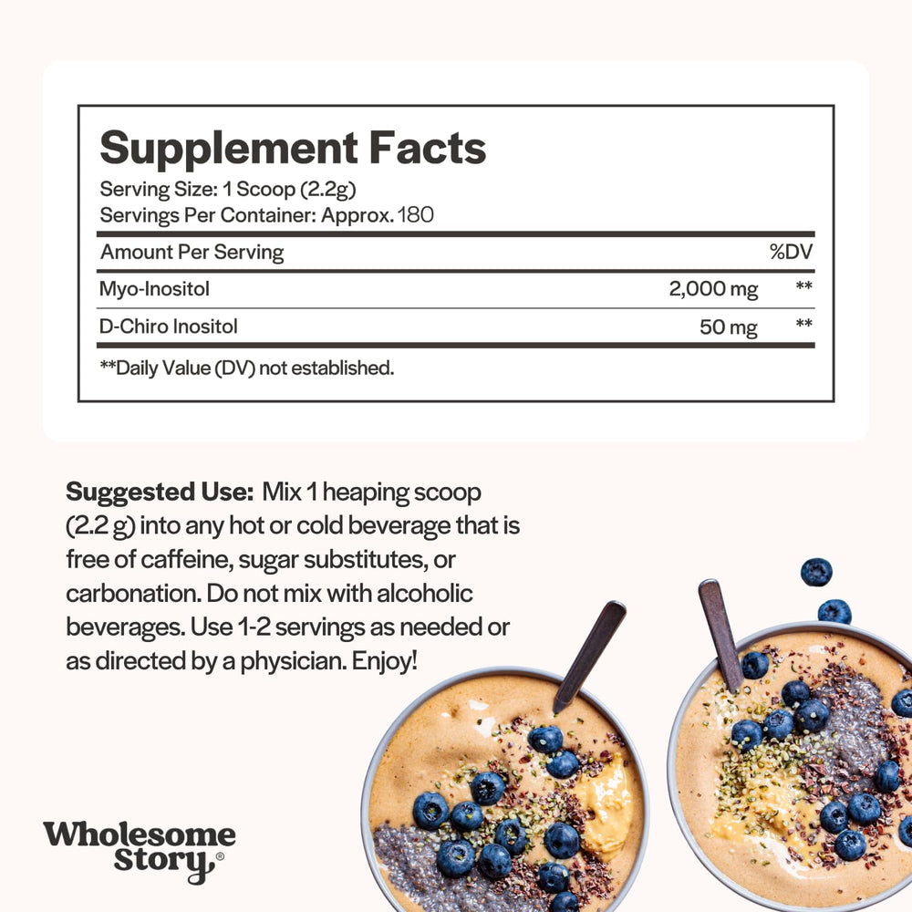 Wholesome Story Myo-Inositol D-Chiro-Inositol ingredients and clean-label details.
