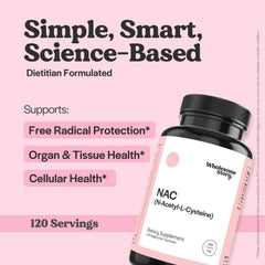 Wholesome Story NAC 600mg capsules stacked for antioxidant support and daily wellness.
