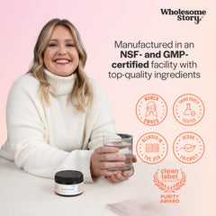 Wholesome Story Powder being stirred into a smoothie.