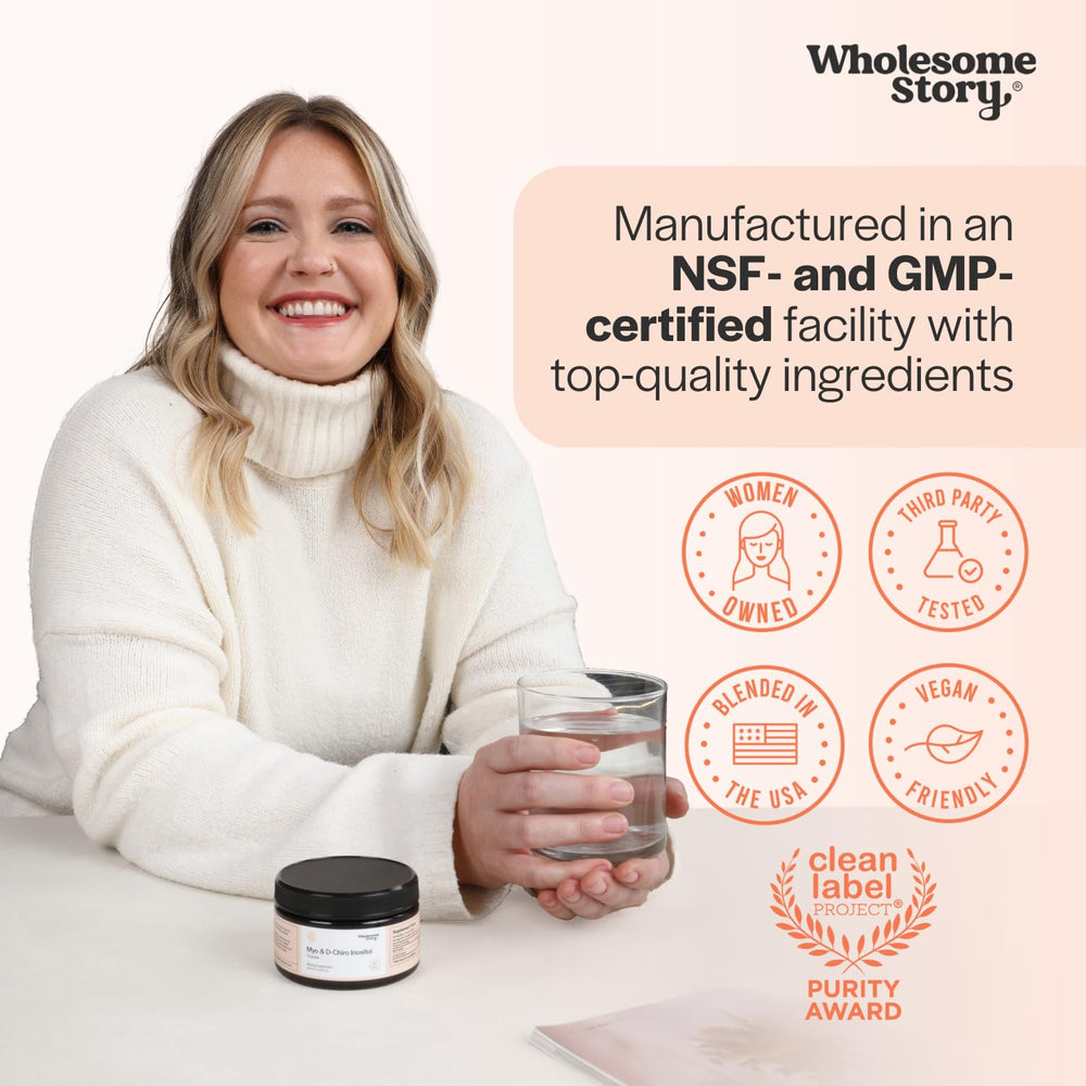 Wholesome Story vegan-friendly inositol powder bottle on clean-label backdrop.