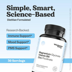 Wholesome Story zinc-picolinate magnesium capsules close-up highlights mood and PMS support.