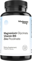 Wholesome Story zinc-picolinate magnesium-glycinate bottle supports mood balance and immune health.