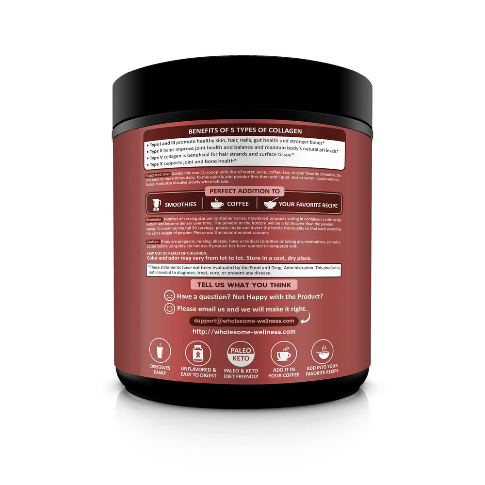 Unopened Wholesome Wellness collagen tub on a kitchen counter.