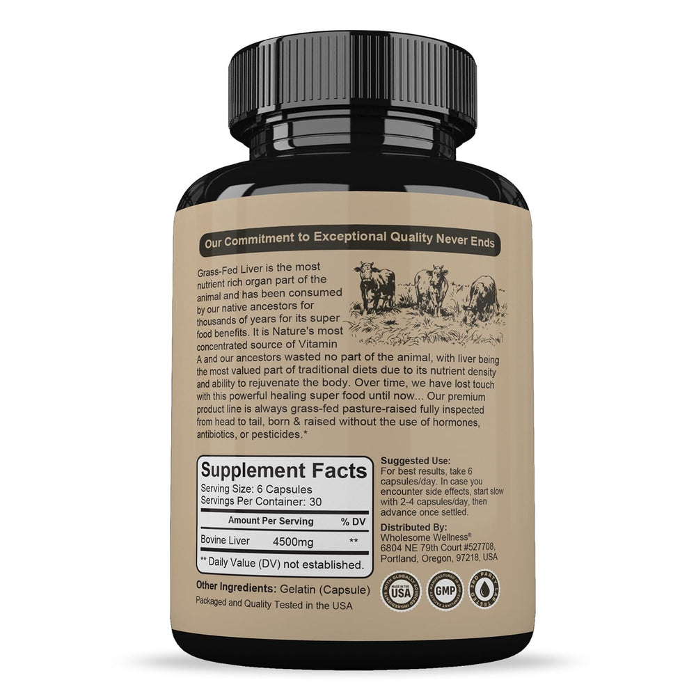 Wholesome Wellness desiccated liver capsules close-up, odorless and easy to swallow