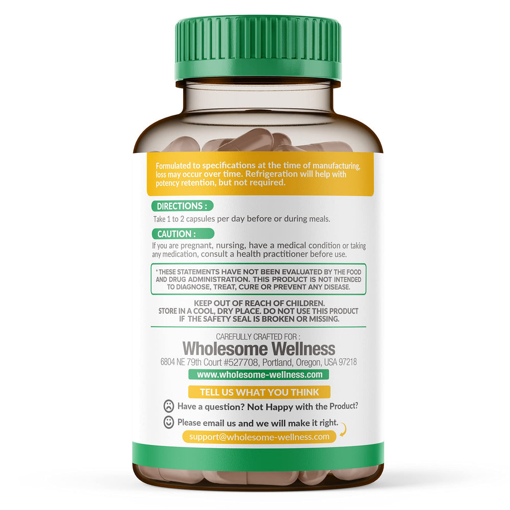 Wholesome Wellness Digestive Enzymes bottle sits as a 3-6 month supply.