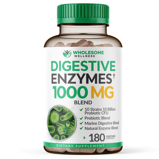 Wholesome Wellness Digestive Enzymes bottle shown for daily digestion support.