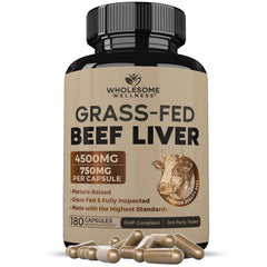 Wholesome Wellness grass-fed liver bottle with label, supports natural energy and whole-food nutrition