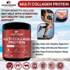 Wholesome Wellness label shows grass-fed, non-GMO, five collagen types.