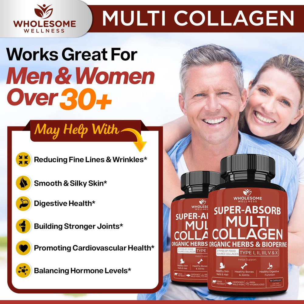 Wholesome Wellness Super-Absorb ingredients blend shows five collagen types.