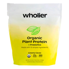 Wholier creamy cacao organic plant protein powder in a jar for creamy shakes