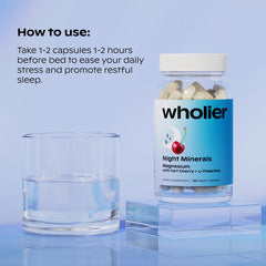 Wholier Night Minerals bottle displays magnesium glycinate and L-Theanine blend.