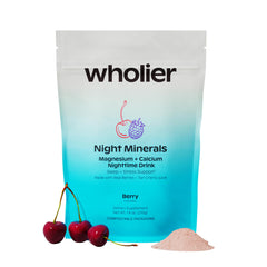 Wholier Night Minerals bottle front promoting calm and relaxation at night.