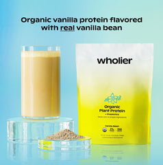 Wholier Organic Plant Protein shake in glass shows creamy texture