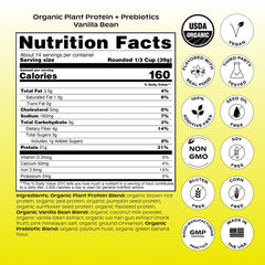 Wholier Organic Plant Protein tub front label highlights 21g protein
