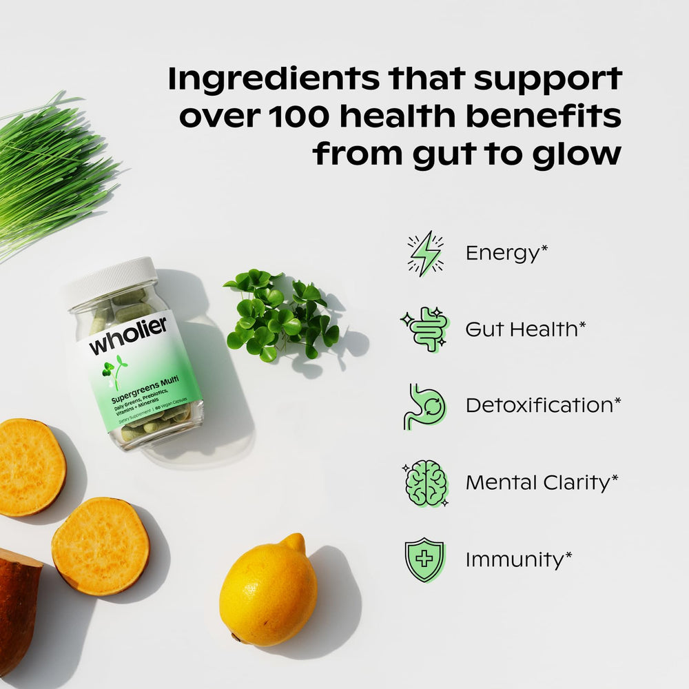 Wholier Supergreens Multi capsules close-up highlighting easy two-capsule daily intake