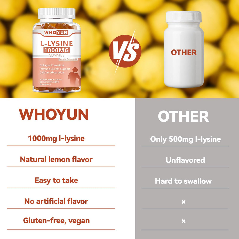 Whoyun L-Lysine gummies closeup of lemon flavor for easy supplementation