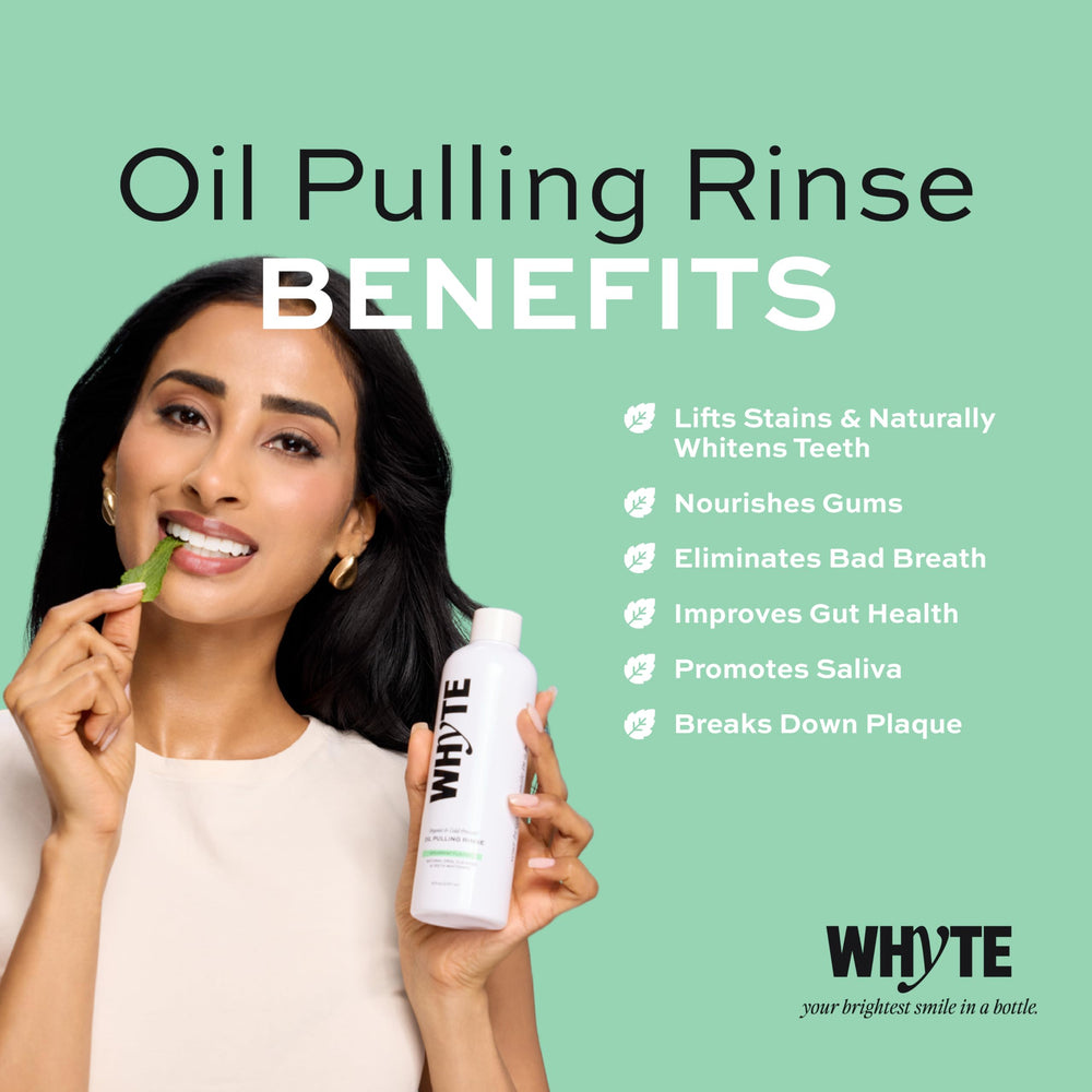 Whyte coconut oil pulling mouthwash on shelf packaging signals clean additive-free formula.
