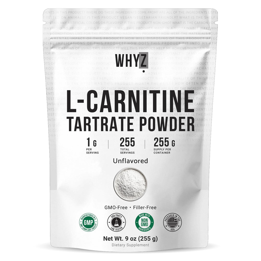 WHYZ L-Carnitine Tartrate Powder bottle, neutral flavor for easy daily use.