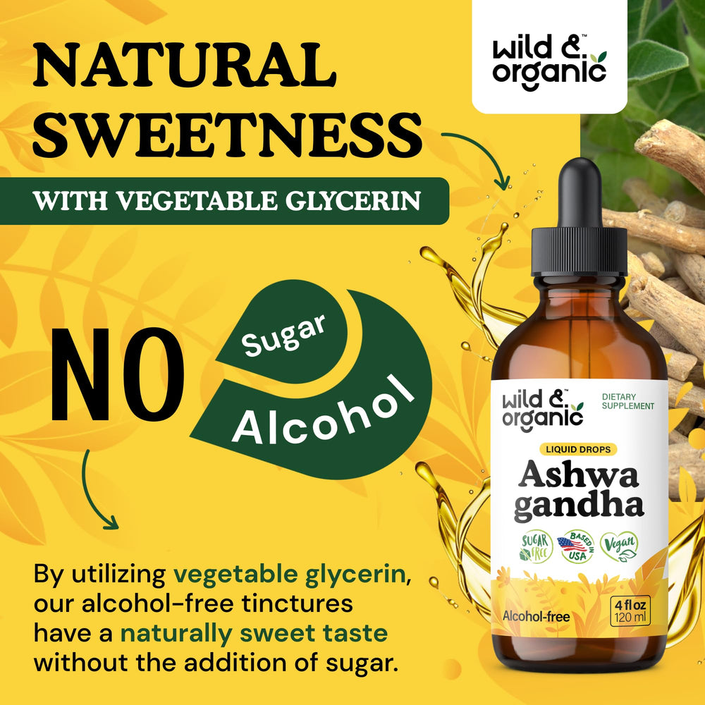 Wild and Organic Ashwagandha Drops 4 oz amber bottle on kitchen counter.