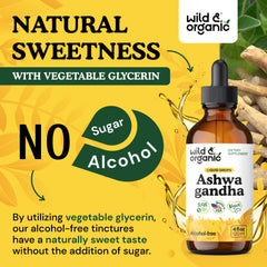 Wild and Organic Ashwagandha Drops 4 oz amber bottle on kitchen counter.