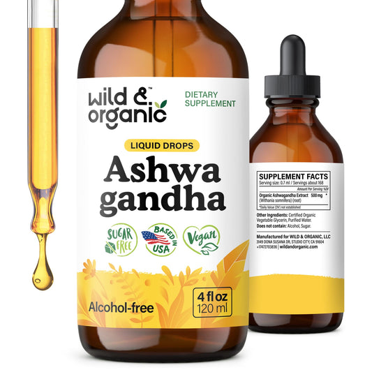 Wild and Organic Ashwagandha Drops bottle on a clean surface for daily use.