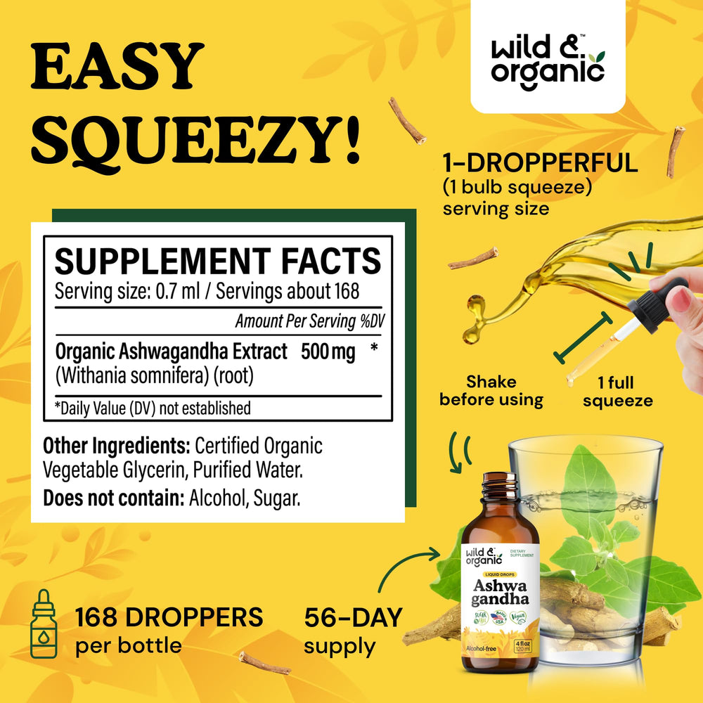 Wild and Organic Ashwagandha Drops amber bottle with label close-up for details.