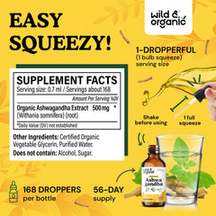 Wild and Organic Ashwagandha Drops amber bottle with label close-up for details.
