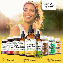 Wild and Organic Ashwagandha Drops vegan non-GMO formula highlighted on the label.