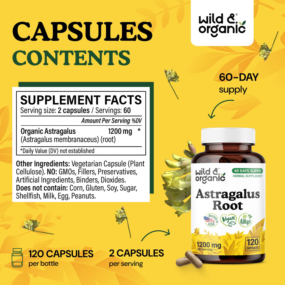 Wild & Organic Astragalus Capsules label highlights vegan, non-GMO ingredients
