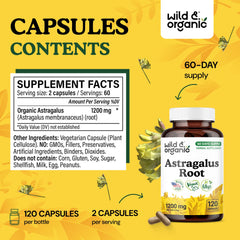 Wild & Organic Astragalus Capsules label highlights vegan, non-GMO ingredients